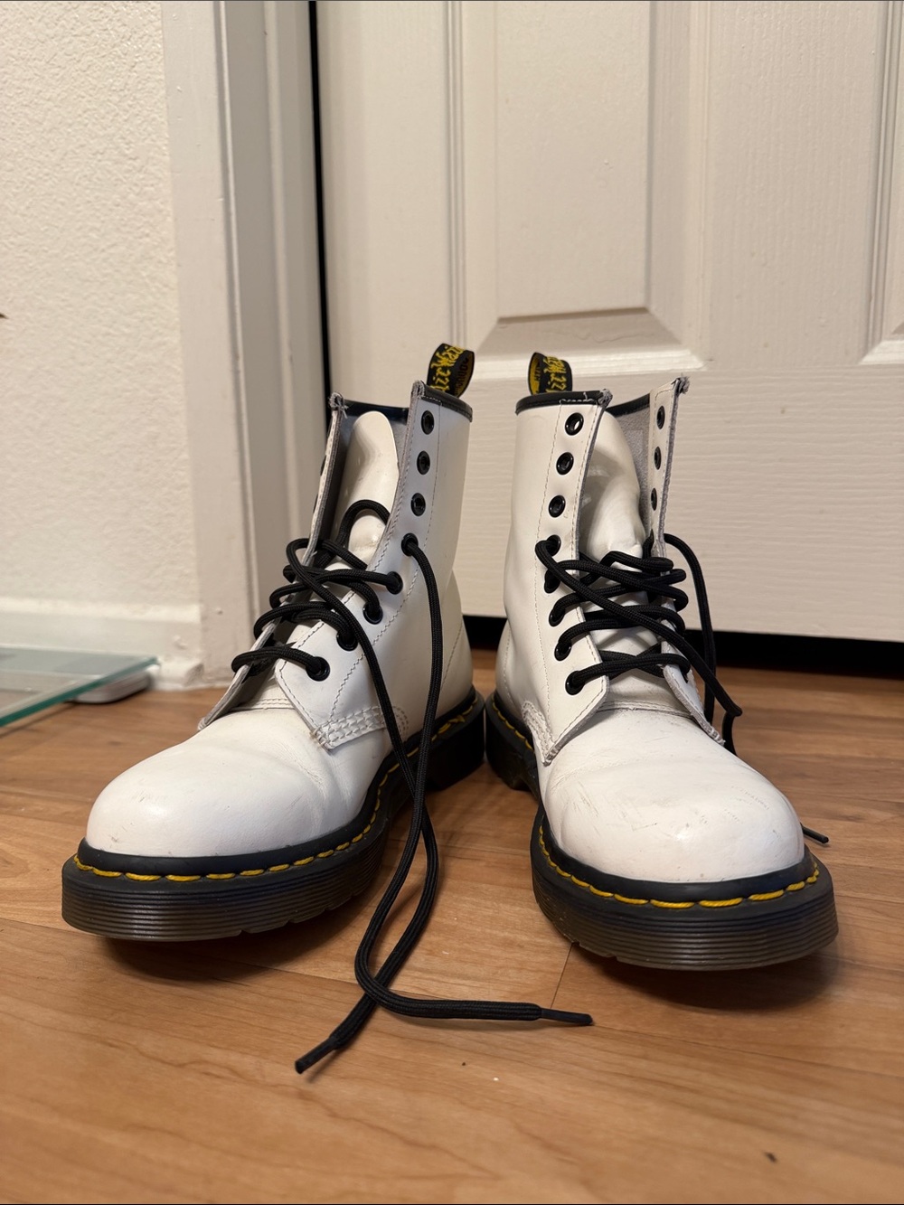 Dr. Martens White Leather Combat Boots with Yellow Stitching